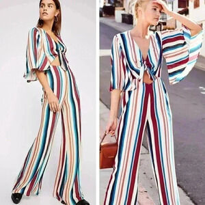 The Jetset Diaries x Free People Virgo Striped Jumpsuit Wide Leg Bohemian Beach